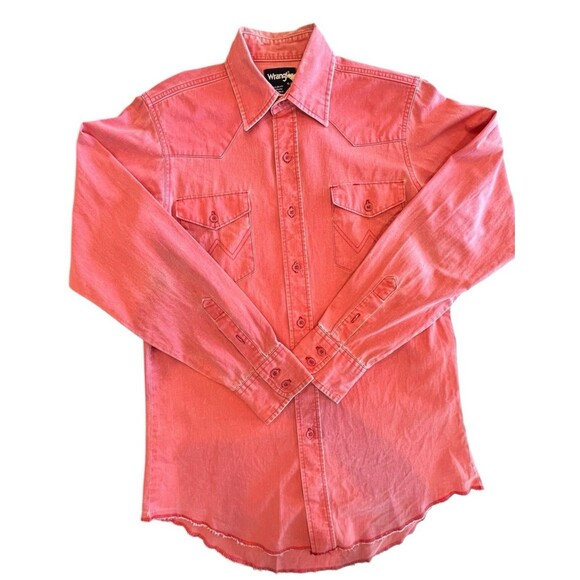 Wrangler Vintage Brushpopper Button Shirt Men X Long Tail Sz 15-33 Pink - Picture 1 of 9